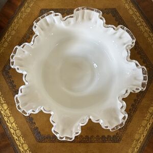 Vintage Fenton White Milk Glass Bowl, Silver Crest Spanish Lace, Ruffled‎ Rim